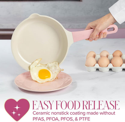 Paris Hilton Ceramic Cast Aluminum Nonstick Fry Pan, Fast & Even Heating with Easy Pour Spouts & Comfort-Grip Handle, 8-Inch, Pink