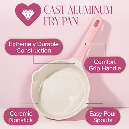 Paris Hilton Ceramic Cast Aluminum Nonstick Fry Pan, Fast & Even Heating with Easy Pour Spouts & Comfort-Grip Handle, 8-Inch, Pink