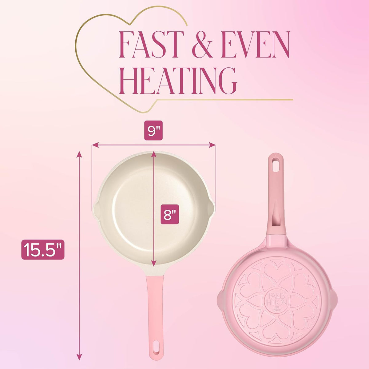 Paris Hilton Ceramic Cast Aluminum Nonstick Fry Pan, Fast & Even Heating with Easy Pour Spouts & Comfort-Grip Handle, 8-Inch, Pink