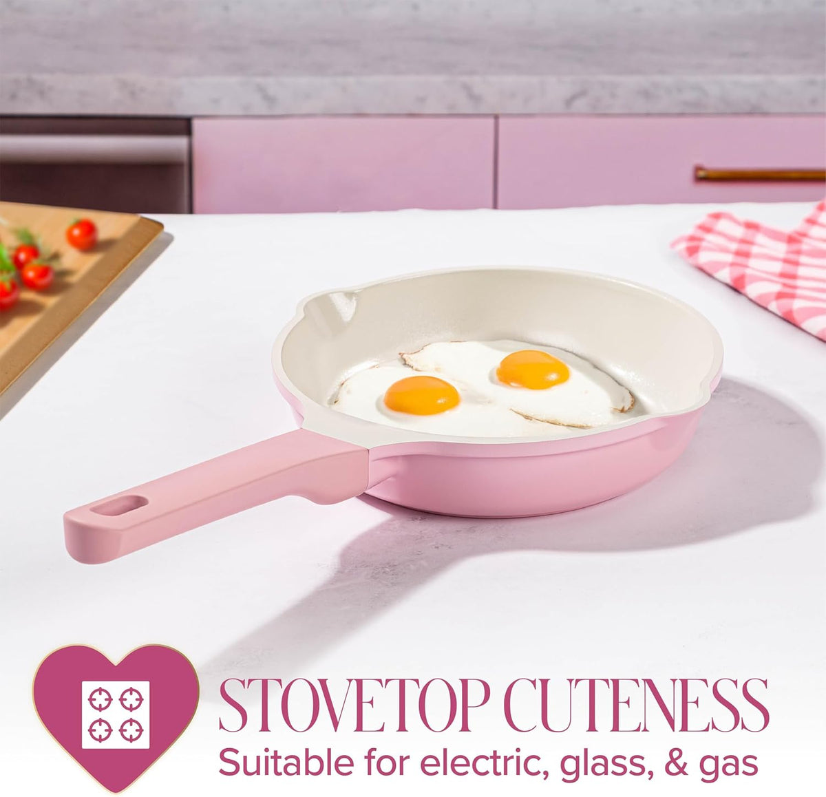 Paris Hilton Ceramic Cast Aluminum Nonstick Fry Pan, Fast & Even Heating with Easy Pour Spouts & Comfort-Grip Handle, 8-Inch, Pink