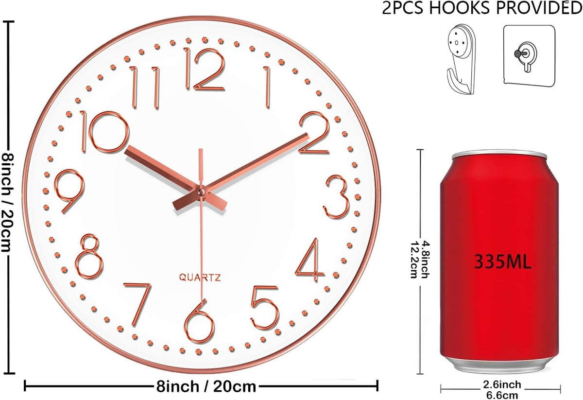Silent Wall Clocks Battery Operated 8 Inch, Analog Wall Clock with Oversized Number Tempered Glass Clock Face, Rose Gold Quartz Non Ticking Wall Clocks for Living Room Bedroom Kitchen Office