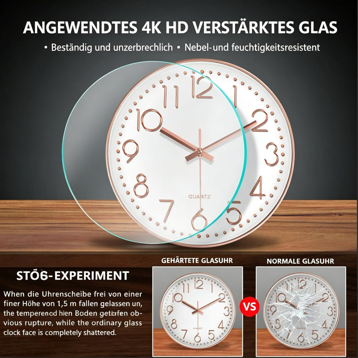 Silent Wall Clocks Battery Operated 8 Inch, Analog Wall Clock with Oversized Number Tempered Glass Clock Face, Rose Gold Quartz Non Ticking Wall Clocks for Living Room Bedroom Kitchen Office