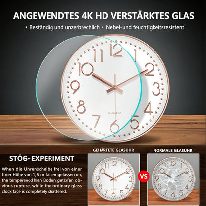 Silent Wall Clocks Battery Operated 8 Inch, Analog Wall Clock with Oversized Number Tempered Glass Clock Face, Rose Gold Quartz Non Ticking Wall Clocks for Living Room Bedroom Kitchen Office
