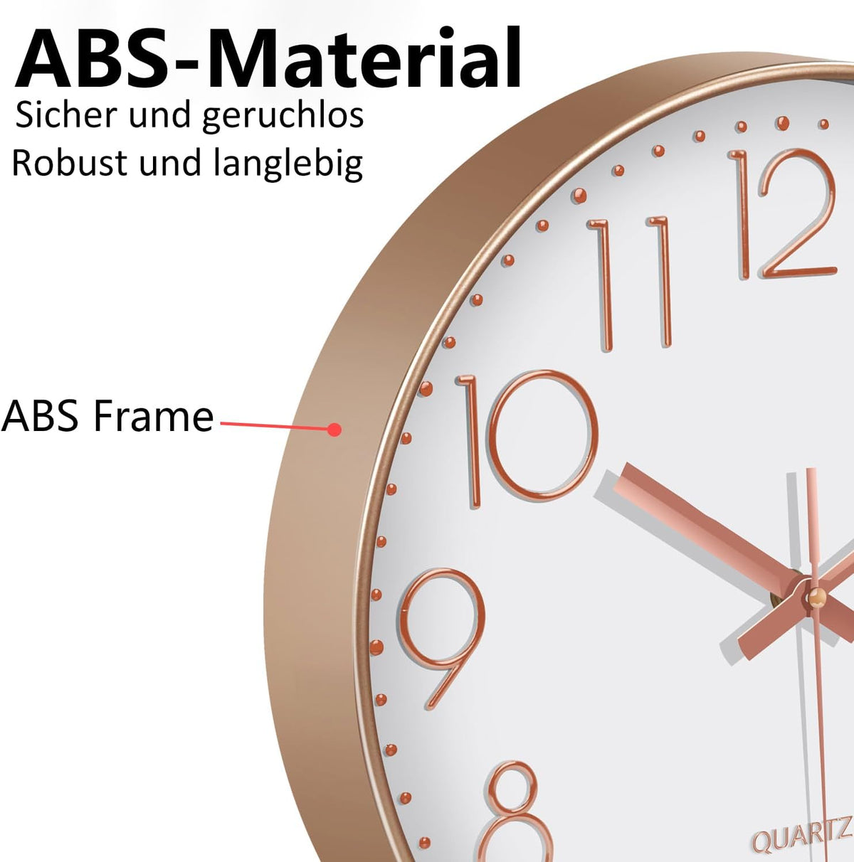 Silent Wall Clocks Battery Operated 8 Inch, Analog Wall Clock with Oversized Number Tempered Glass Clock Face, Rose Gold Quartz Non Ticking Wall Clocks for Living Room Bedroom Kitchen Office
