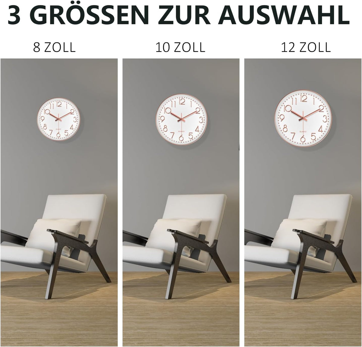 Silent Wall Clocks Battery Operated 8 Inch, Analog Wall Clock with Oversized Number Tempered Glass Clock Face, Rose Gold Quartz Non Ticking Wall Clocks for Living Room Bedroom Kitchen Office