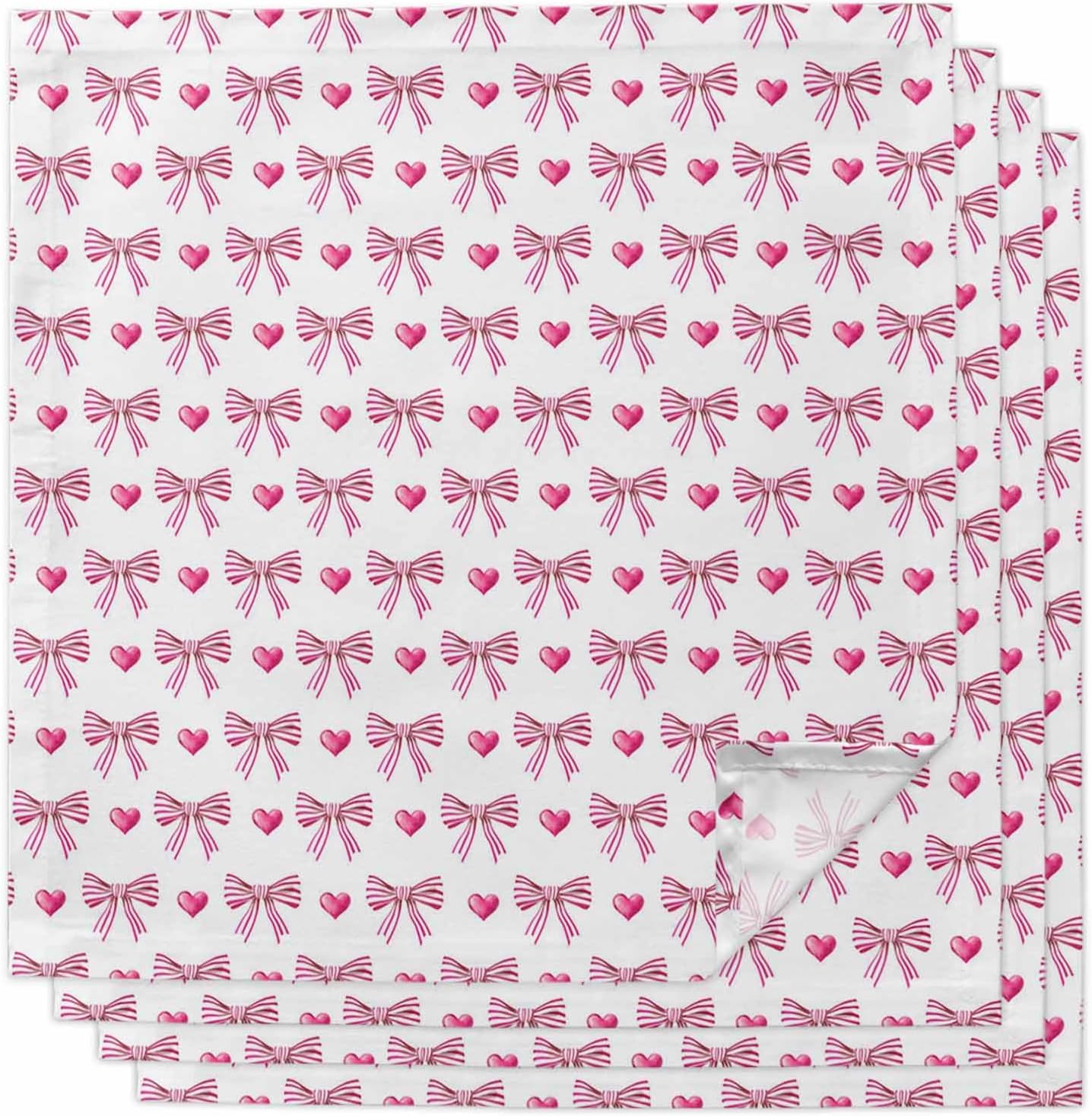 Sweet Bow Striped Cloth Napkins Set of 4, Pink Love Modern Preppy Aesthetic Washable Reusable Dinner Cocktail Napkin for Kitchen Party Wedding Banquet Holiday Baby Shower Table Decor