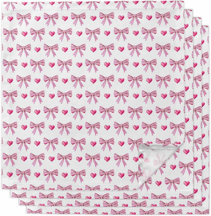 Sweet Bow Striped Cloth Napkins Set of 4, Pink Love Modern Preppy Aesthetic Washable Reusable Dinner Cocktail Napkin for Kitchen Party Wedding Banquet Holiday Baby Shower Table Decor
