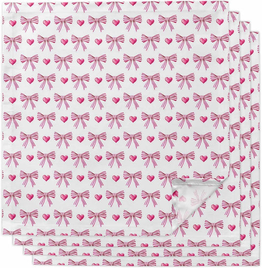 Sweet Bow Striped Cloth Napkins Set of 4, Pink Love Modern Preppy Aesthetic Washable Reusable Dinner Cocktail Napkin for Kitchen Party Wedding Banquet Holiday Baby Shower Table Decor