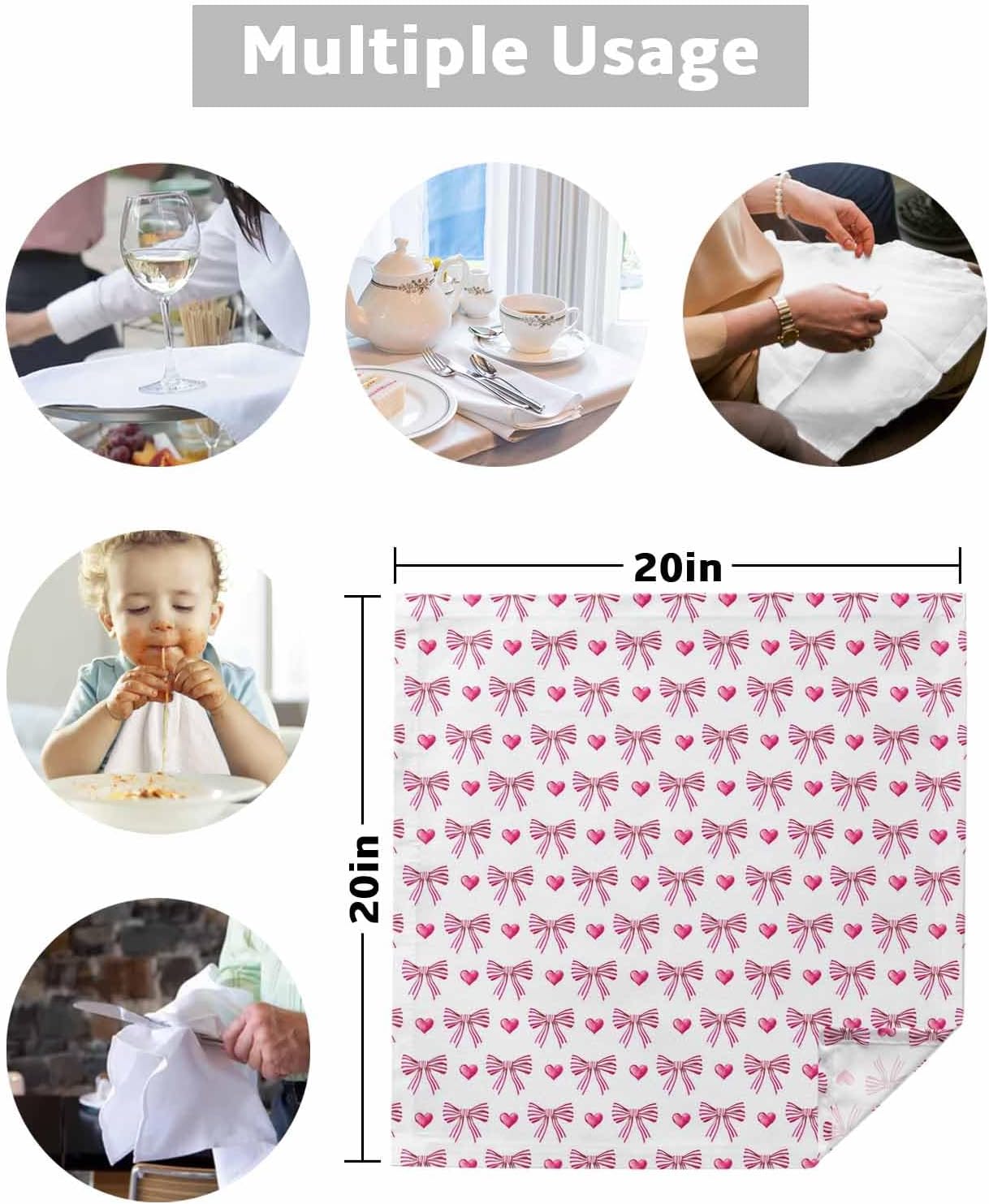 Sweet Bow Striped Cloth Napkins Set of 4, Pink Love Modern Preppy Aesthetic Washable Reusable Dinner Cocktail Napkin for Kitchen Party Wedding Banquet Holiday Baby Shower Table Decor