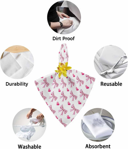 Sweet Bow Striped Cloth Napkins Set of 4, Pink Love Modern Preppy Aesthetic Washable Reusable Dinner Cocktail Napkin for Kitchen Party Wedding Banquet Holiday Baby Shower Table Decor