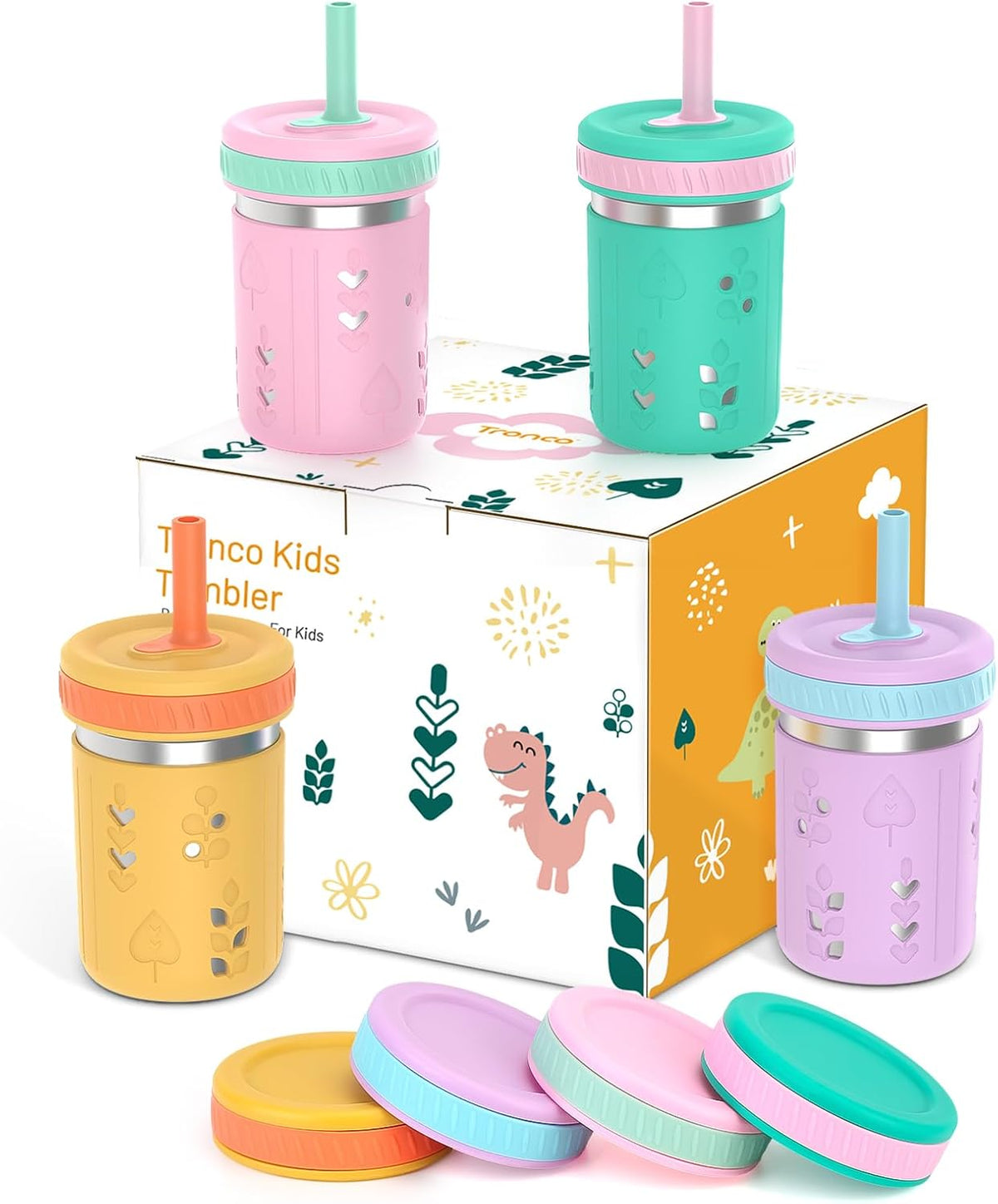 [4 Pack] 10 oz 2-in-1 Stainless Steel Kids Tumbler Cups with Silicone Sleeves, Spill-Resistant Flexible Straws & Storage Lids, BPA-Free Smoothie and Snack Cups, Dishwasher Safe