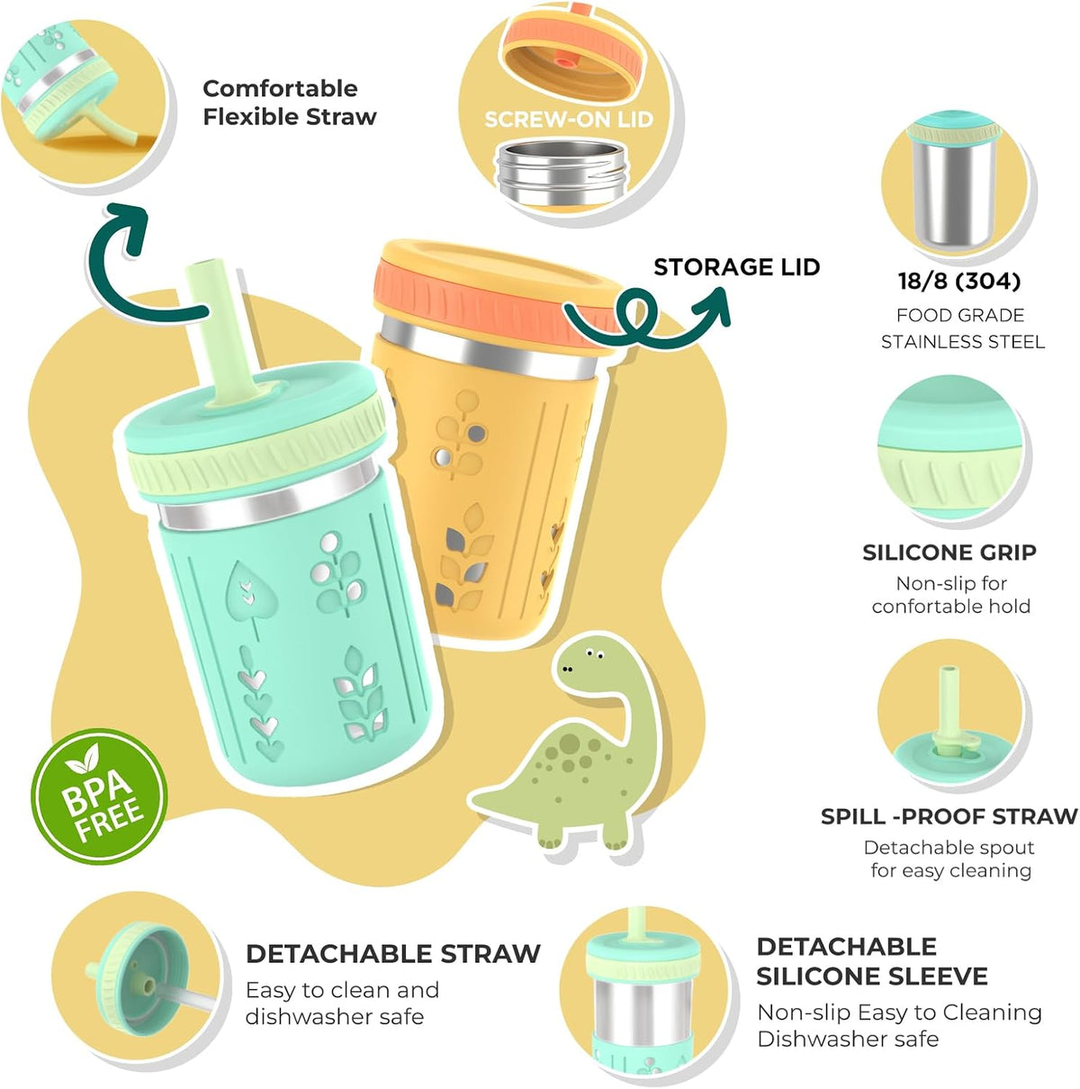 [4 Pack] 10 oz 2-in-1 Stainless Steel Kids Tumbler Cups with Silicone Sleeves, Spill-Resistant Flexible Straws & Storage Lids, BPA-Free Smoothie and Snack Cups, Dishwasher Safe