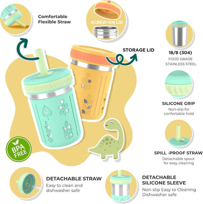 [4 Pack] 10 oz 2-in-1 Stainless Steel Kids Tumbler Cups with Silicone Sleeves, Spill-Resistant Flexible Straws & Storage Lids, BPA-Free Smoothie and Snack Cups, Dishwasher Safe