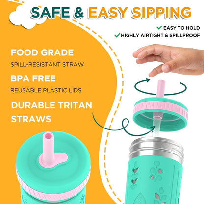 [4 Pack] 10 oz 2-in-1 Stainless Steel Kids Tumbler Cups with Silicone Sleeves, Spill-Resistant Flexible Straws & Storage Lids, BPA-Free Smoothie and Snack Cups, Dishwasher Safe