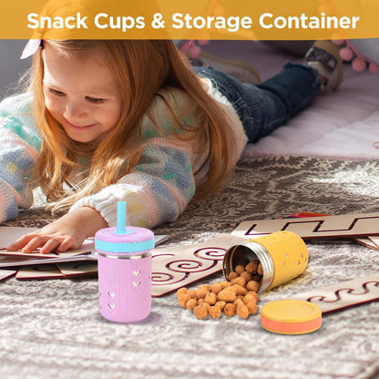 [4 Pack] 10 oz 2-in-1 Stainless Steel Kids Tumbler Cups with Silicone Sleeves, Spill-Resistant Flexible Straws & Storage Lids, BPA-Free Smoothie and Snack Cups, Dishwasher Safe