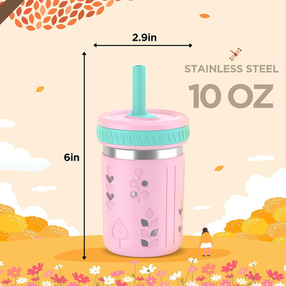 [4 Pack] 10 oz 2-in-1 Stainless Steel Kids Tumbler Cups with Silicone Sleeves, Spill-Resistant Flexible Straws & Storage Lids, BPA-Free Smoothie and Snack Cups, Dishwasher Safe