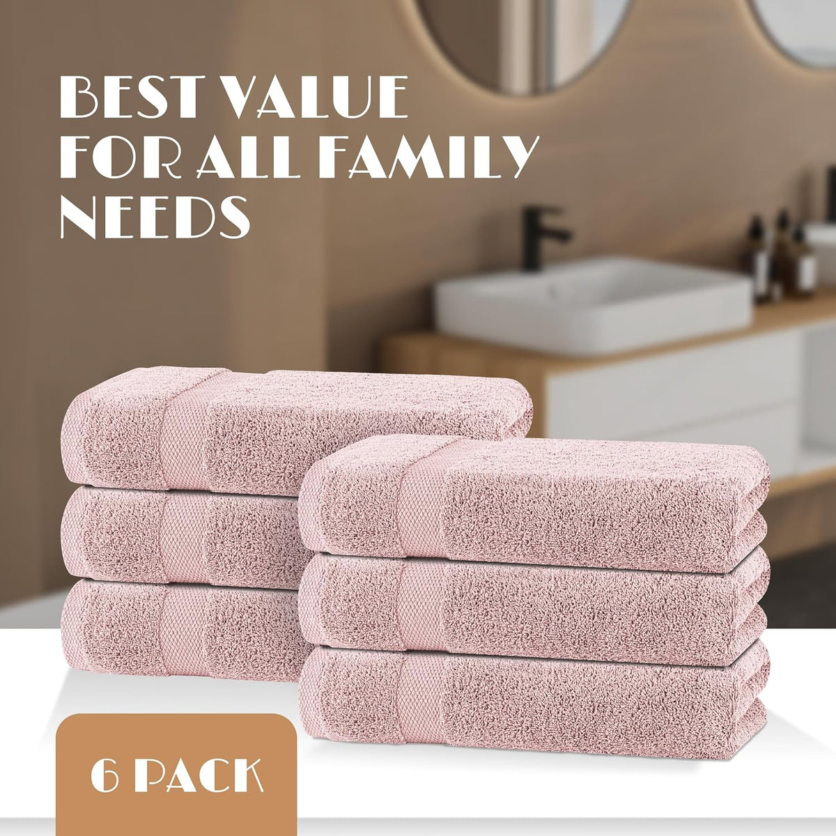 Wealuxe Pink Bath Towels 24x50 Inch, Cotton Towel Set for Bathroom, Hotel, Gym, Spa, Soft Extra Absorbent Quick Dry 6 Pack