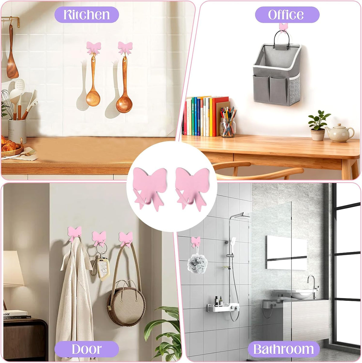 6 Pcs Pink Bow Wall Hooks Metal Strong Adhesive Door Hanger Hook
