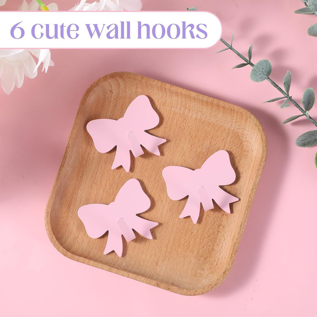 6 Pcs Pink Bow Wall Hooks Metal Strong Adhesive Door Hanger Hook