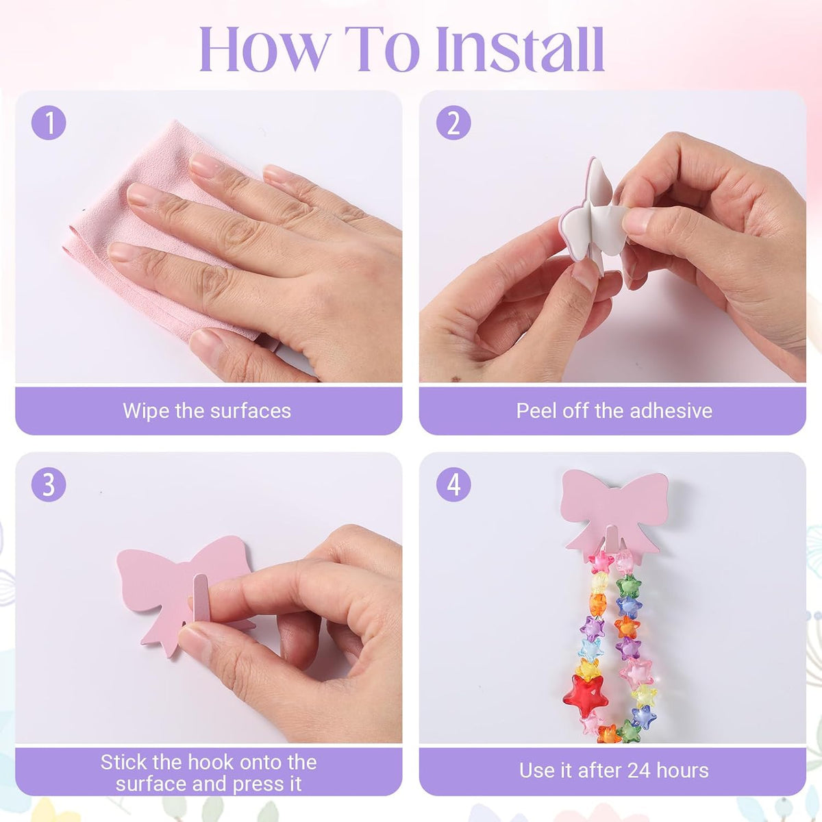6 Pcs Pink Bow Wall Hooks Metal Strong Adhesive Door Hanger Hook