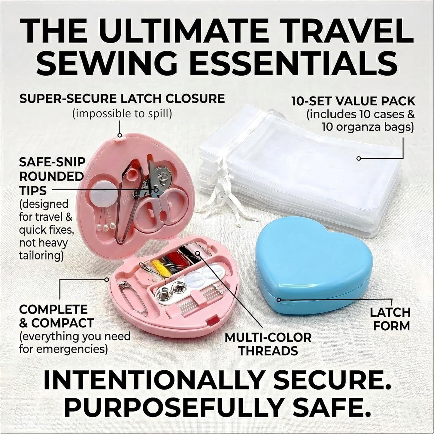 10 Sets Travel Sewing Kit Mini - Heart Shaped Mini Sewing Kit Bulk for Wedding Favors, Holiday Donation Boxes & Emergency Repairs - Portable Small Mending Set with Organza Gift Bags, Pink & Blue
