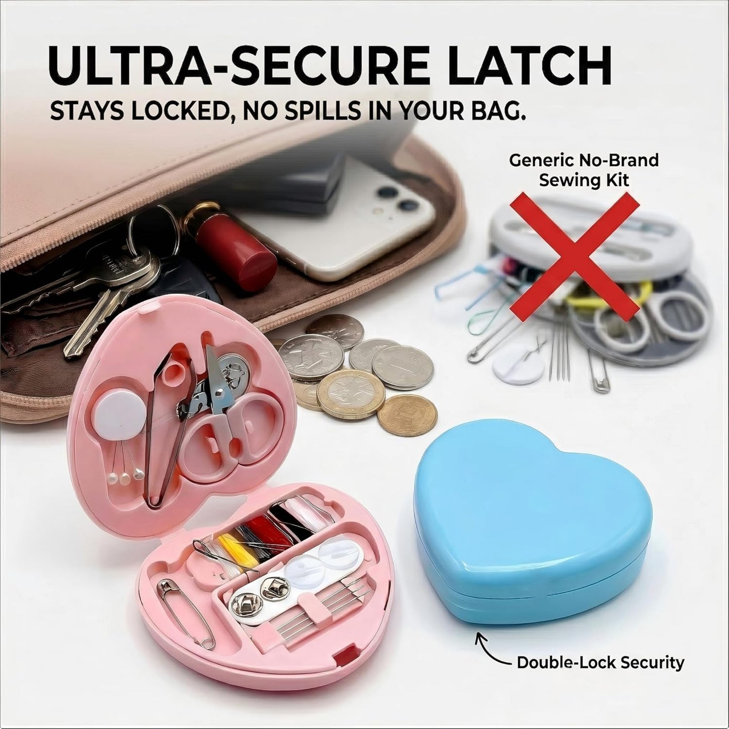 10 Sets Travel Sewing Kit Mini - Heart Shaped Mini Sewing Kit Bulk for Wedding Favors, Holiday Donation Boxes & Emergency Repairs - Portable Small Mending Set with Organza Gift Bags, Pink & Blue