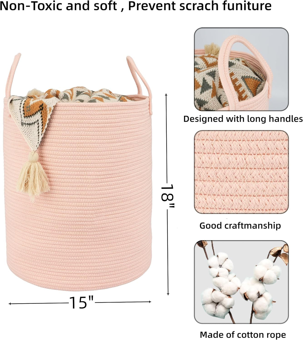 Cotton Rope Laundry Basket Hamper for Clothes, coral pink