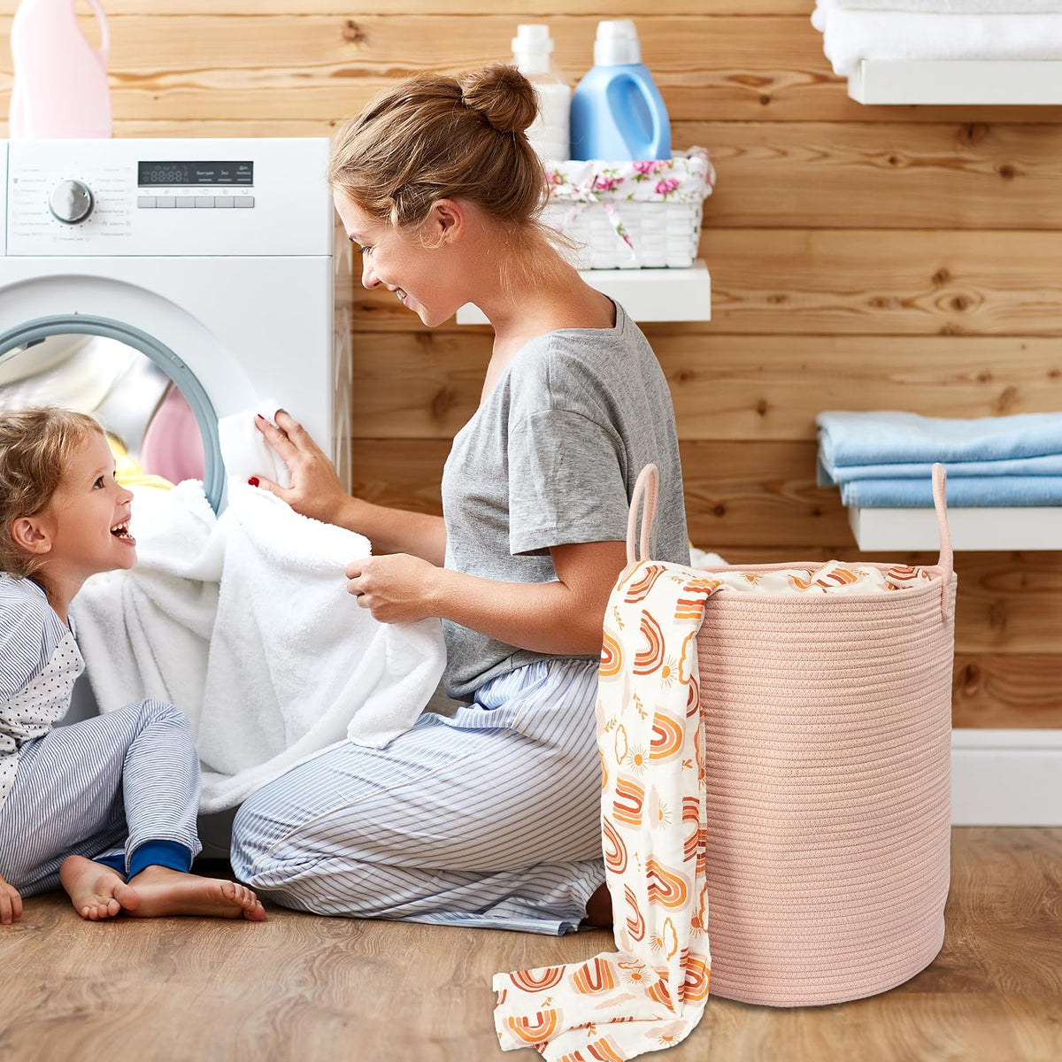 Cotton Rope Laundry Basket Hamper for Clothes, coral pink
