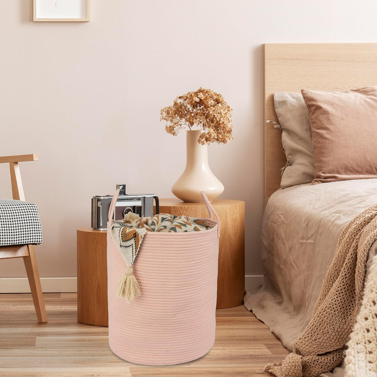 Cotton Rope Laundry Basket Hamper for Clothes, coral pink