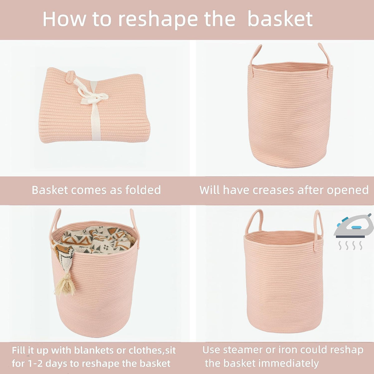 Cotton Rope Laundry Basket Hamper for Clothes, coral pink