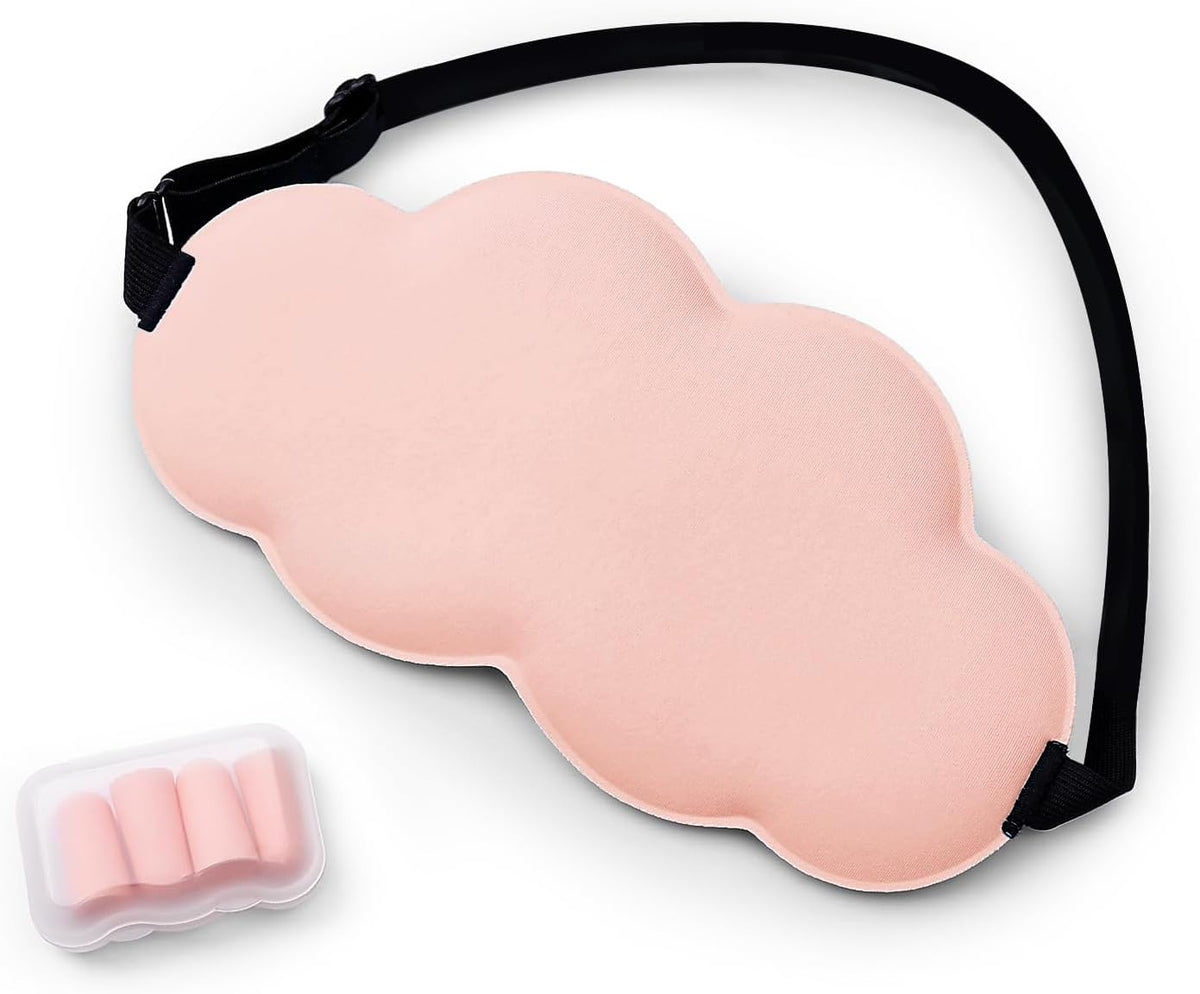 Soft Cloud Shaped 3D Sleep Mask with 4 Earplugs, Lightweight Light-Blocking Eye Mask for Side Sleepers Travel Meditation, Adjustable Elastic Strap Sleeping Mask (Pink)