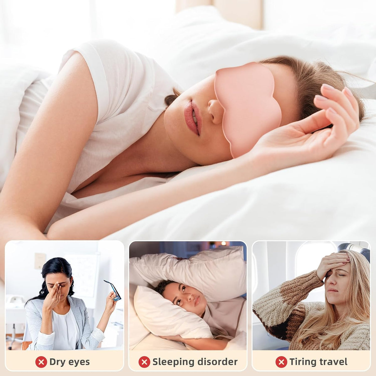 Soft Cloud Shaped 3D Sleep Mask with 4 Earplugs, Lightweight Light-Blocking Eye Mask for Side Sleepers Travel Meditation, Adjustable Elastic Strap Sleeping Mask (Pink)