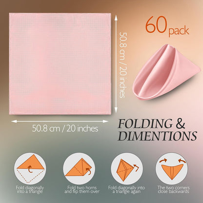 Manyshofu 60 Piece Blush Satin Napkins - 20x20 Inch Square Fabric Napkins for Wedding Dinner Party Lunch