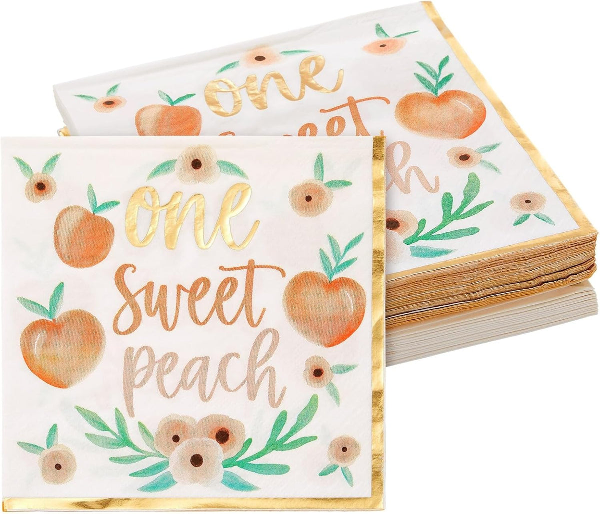 Peach Paper Napkins - 6.5 x 6.5 In, 50 Pack, 1-Ply - Gold Border & Floral Design Napkins for Peach Baby Shower & Birthday Party Napkins