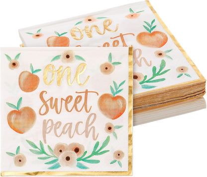 Peach Paper Napkins - 6.5 x 6.5 In, 50 Pack, 1-Ply - Gold Border & Floral Design Napkins for Peach Baby Shower & Birthday Party Napkins