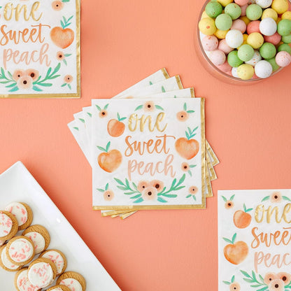 Peach Paper Napkins - 6.5 x 6.5 In, 50 Pack, 1-Ply - Gold Border & Floral Design Napkins for Peach Baby Shower & Birthday Party Napkins