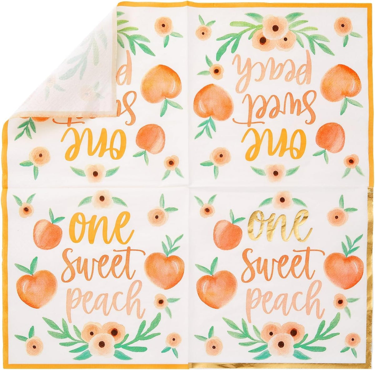 Peach Paper Napkins - 6.5 x 6.5 In, 50 Pack, 1-Ply - Gold Border & Floral Design Napkins for Peach Baby Shower & Birthday Party Napkins