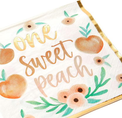 Peach Paper Napkins - 6.5 x 6.5 In, 50 Pack, 1-Ply - Gold Border & Floral Design Napkins for Peach Baby Shower & Birthday Party Napkins