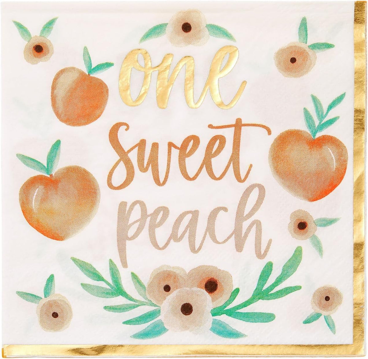 Peach Paper Napkins - 6.5 x 6.5 In, 50 Pack, 1-Ply - Gold Border & Floral Design Napkins for Peach Baby Shower & Birthday Party Napkins