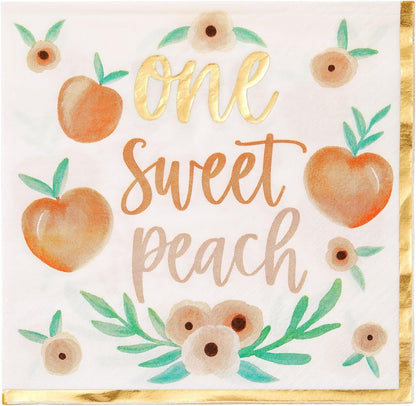 Peach Paper Napkins - 6.5 x 6.5 In, 50 Pack, 1-Ply - Gold Border & Floral Design Napkins for Peach Baby Shower & Birthday Party Napkins