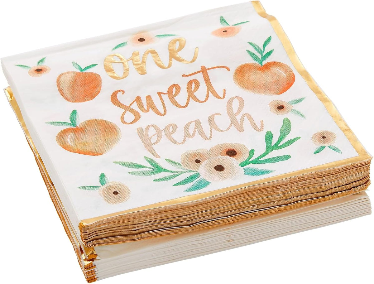 Peach Paper Napkins - 6.5 x 6.5 In, 50 Pack, 1-Ply - Gold Border & Floral Design Napkins for Peach Baby Shower & Birthday Party Napkins