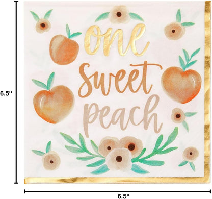 Peach Paper Napkins - 6.5 x 6.5 In, 50 Pack, 1-Ply - Gold Border & Floral Design Napkins for Peach Baby Shower & Birthday Party Napkins