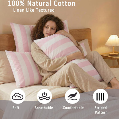 Standard Size Pillowcases, 100% Cotton Pillow Cases, Pink and White Striped Pillowcases, Soft Breathable Wide Stripe Pillow Covers, Set of 2
