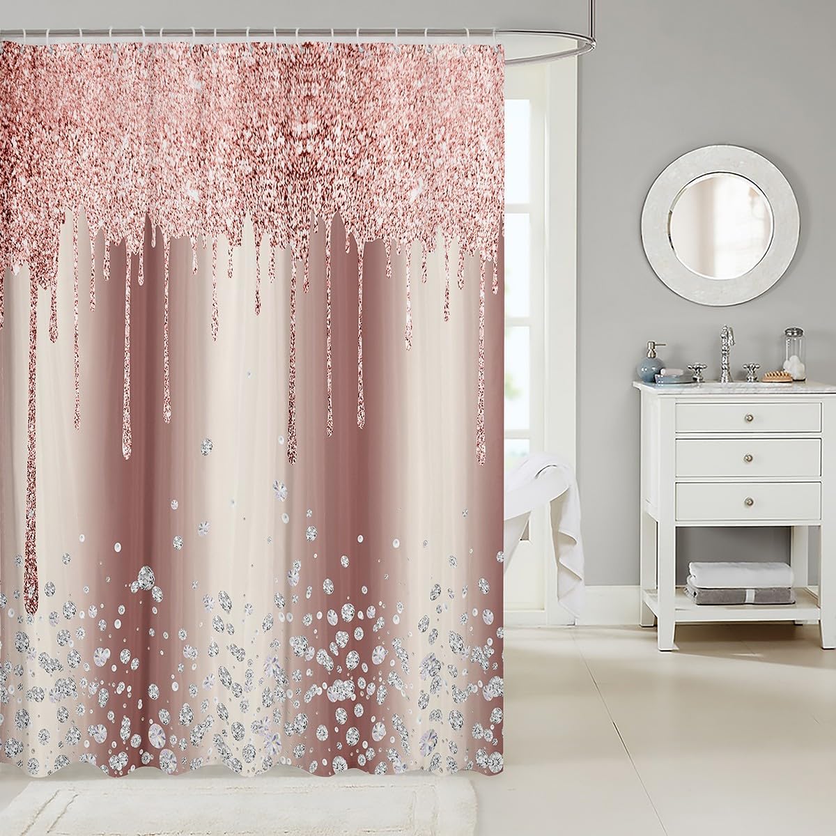 Pink Rose Gold Shower Curtain for Bathroom Decor for Kids Boys Girls,72"x72",Glitter Diamond Pattern Bath Curtain,Diamond Theme Bathroom Accessories,Glitter Waterproof Polyester Fabric