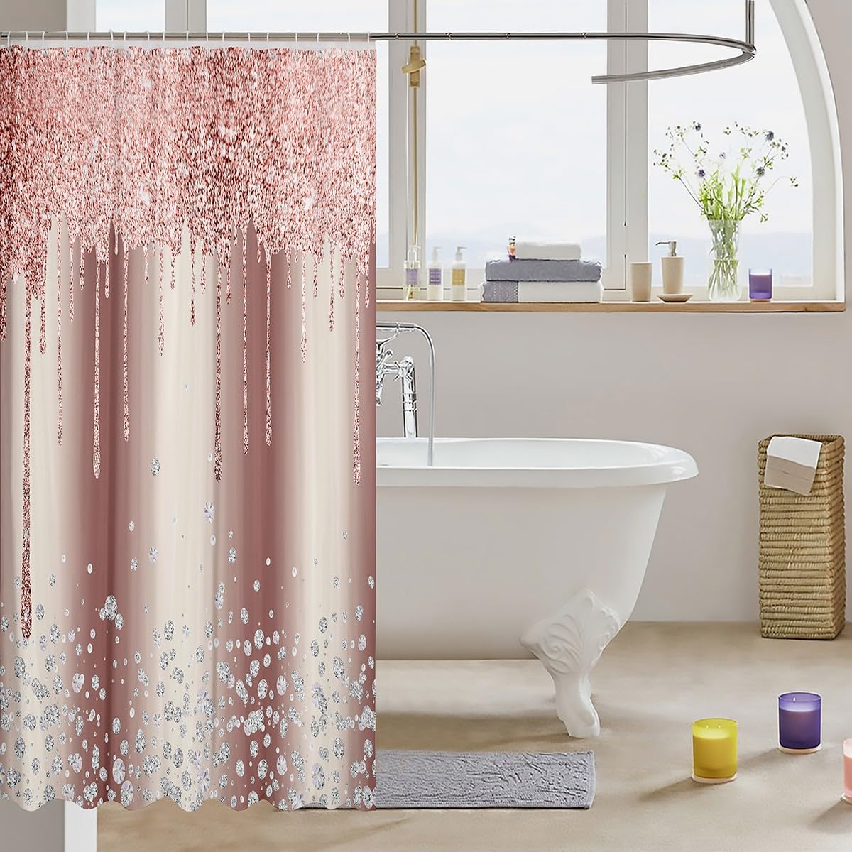 Pink Rose Gold Shower Curtain for Bathroom Decor for Kids Boys Girls,72"x72",Glitter Diamond Pattern Bath Curtain,Diamond Theme Bathroom Accessories,Glitter Waterproof Polyester Fabric