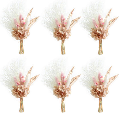 Miniature Dried Flower Bouquet (Pack of 6), Small Dried Pampas Grass, Small Dried Flowers for Crafts, Birthday Cake Bridesmaid Gift Box, Card Envelope Decoration. (Dusty Pink)