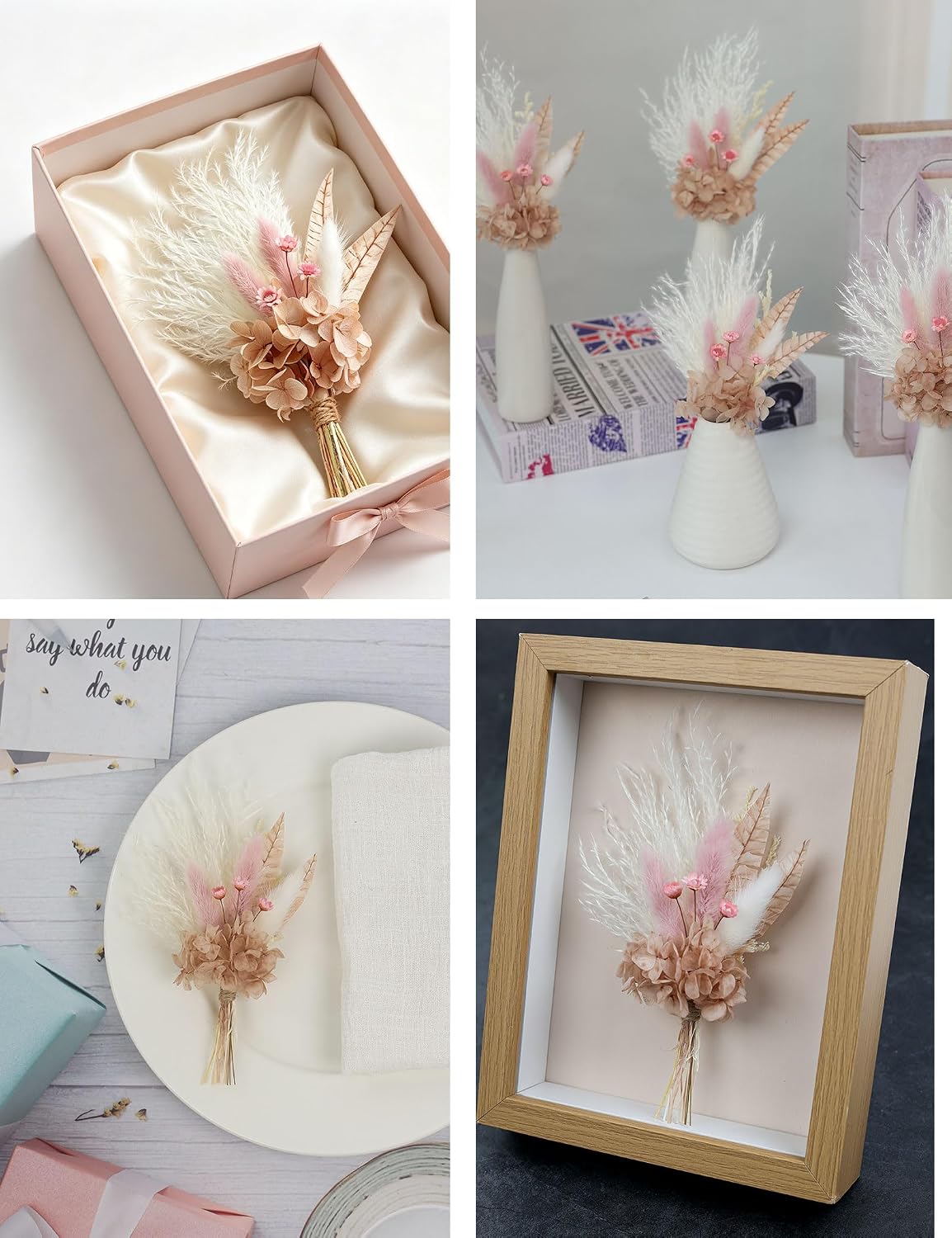 Miniature Dried Flower Bouquet (Pack of 6), Small Dried Pampas Grass, Small Dried Flowers for Crafts, Birthday Cake Bridesmaid Gift Box, Card Envelope Decoration. (Dusty Pink)