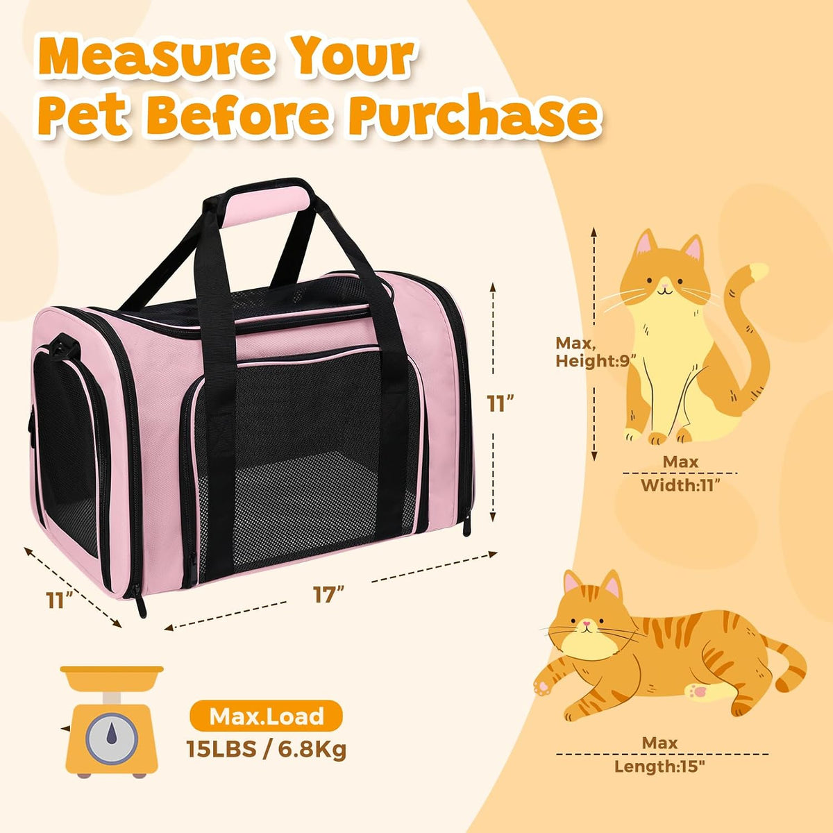 Cat Carrier Soft Up to 16 Lbs, Breathable Pet Travel Bag with Steel Frame