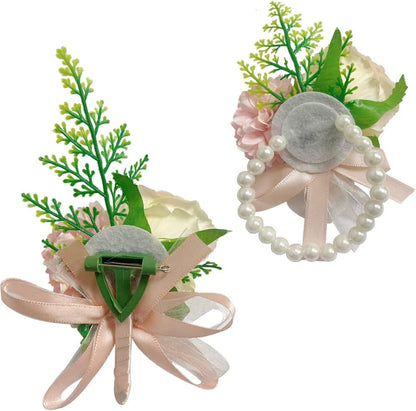 Wrist Corsage and Boutonniere Set for Bride Groom Bridesmaids Groomsmen Wedding Homecoming Flowers Prom Suit Accessories, Rose Boutonniere and Corsage Wristlet Flower