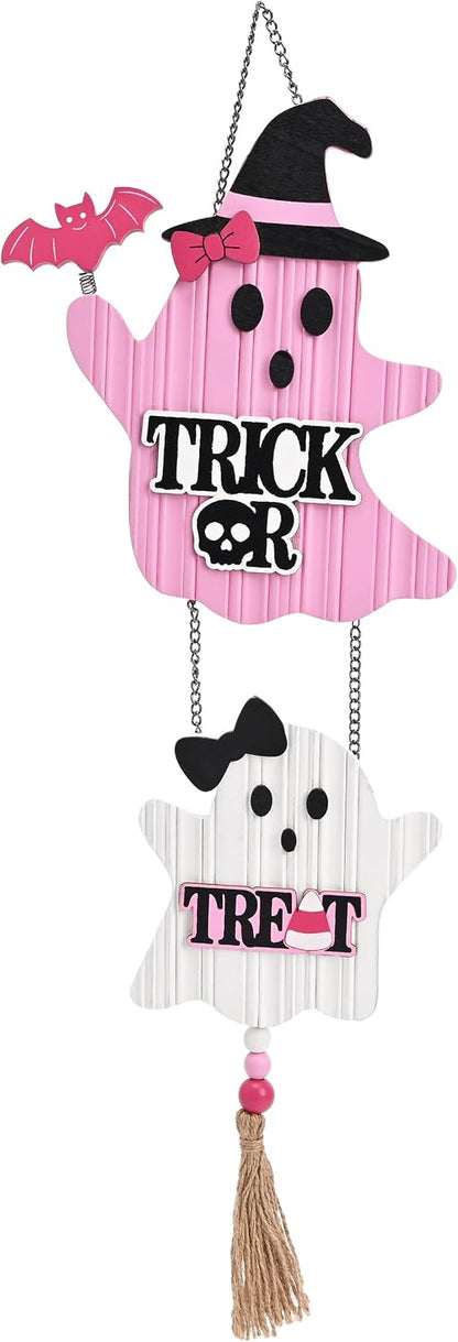 Pink Halloween Decor, Cute Halloween Door Wreath Decorations, Ghost with Witch Hat Wooden Hanging Sign for Wall Window Door Handle, 16 inch